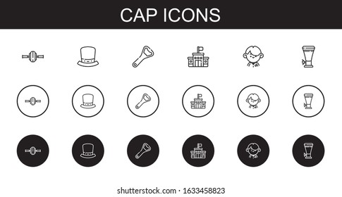 cap icons set. Collection of cap with wheel, hat, bottle opener, school, student, beer. Editable and scalable cap icons.