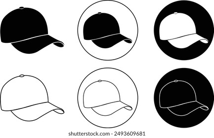 Iconos de la tapa fijados en la línea plana de moda, estilos editables stock. Accesorio de estilo textil casual. Boceto de sombrero de béisbol para Web, móvil e infografías. Vectores de béisbol dibujados a mano sobre fondo transparente.