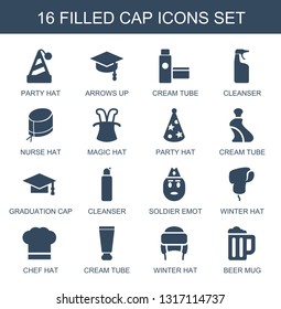 cap icons. Trendy 16 cap icons. Contain icons such as party hat, arrows up, cream tube, cleanser, nurse hat, magic hat, graduation cap, soldier emot. icon for web and mobile.