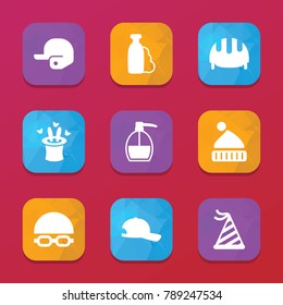 Cap icons. vector collection filled cap icons set.. includes symbols such as shampoo, liquid soap, work helmet, rabbit in magic hat. use for web, mobile and ui design.