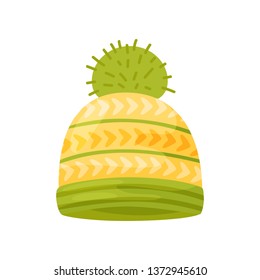 Cap knitted striped with a pompon. Vector illustration on white background.