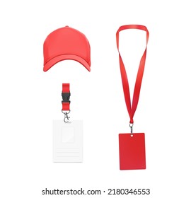 Cap with lanyard and ID cards. Vector illustration isolated on white background. Ready for your product. Place your logo. EPS10.