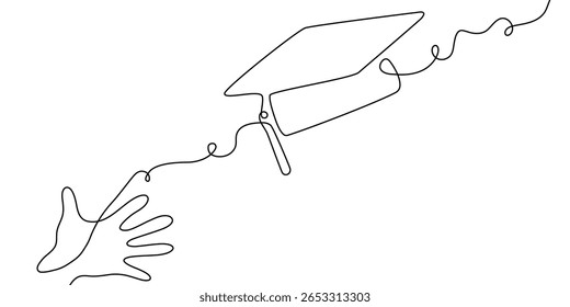 Cap line hat continuous university education icon illustration college study student. School cap hat vector outline one hand linear book certificate graduate silhouette academy tassel degree grad day.