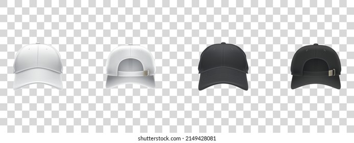 Cap mockup set. Isolated realistic black baseball cap hat templates.
