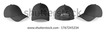 Cap mockup set. Isolated realistic black baseball cap hat templates. Front, back and angle view of adult man caps mockup collection. Vector sport uniform headwear clothing fashion mock up