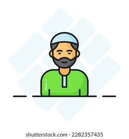 Cap on bearded man head showing icon of muslim man. editable vector