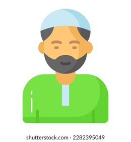 Cap on bearded man head showing icon of muslim man. editable vector