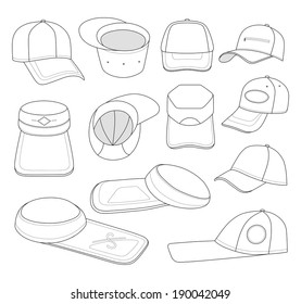 Cap outlined set vector illustration featured front, back, side, bottom, top isolated on white background. EPS8 file available. You can change the color or you can add your logo easily.