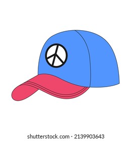 A cap with a peace symbol. Baseball cap, hat, headware. Youth clothing item. A flat icon with an outline. Color vector illustration isolated on a white background