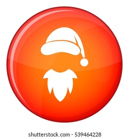 Cap with pompon of Santa Claus and beard icon in red circle isolated on white background vector illustration