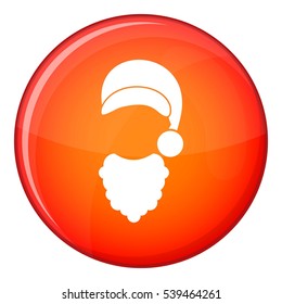 Cap with pompon of Santa Claus and beard icon in red circle isolated on white background vector illustration