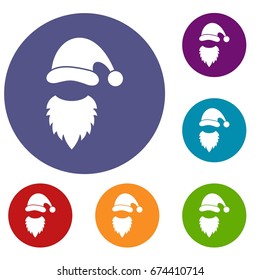 Cap with pompon of Santa Claus and beard icons set in flat circle reb, blue and green color for web
