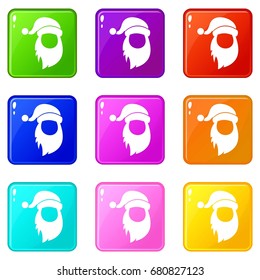 Cap with pompon of Santa Claus and beard icons of 9 color set isolated vector illustration