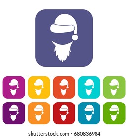 Cap with pompon of Santa Claus and beard icons set vector illustration in flat style in colors red, blue, green, and other