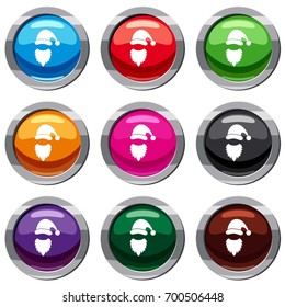 Cap with pompon of Santa Claus and beard set icon isolated on white. 9 icon collection vector illustration