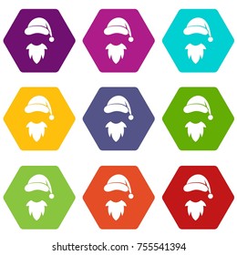 Cap with pompon of Santa Claus and beard icon set many color hexahedron isolated on white vector illustration