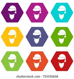 Cap with pompon of Santa Claus and beard icon set many color hexahedron isolated on white vector illustration