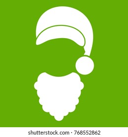 Cap with pompon of Santa Claus and beard icon white isolated on green background. Vector illustration