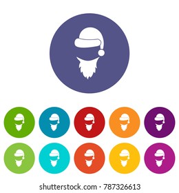 Cap with pompon of Santa Claus and beard set icons in different colors isolated on white background