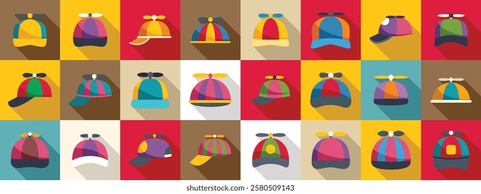  Cap propeller icons set. Set of propeller beanie hats in different colors and styles, adding a playful touch to any design