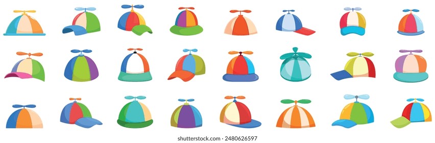 Cap propeller icons set. Collection of vibrant and playful propeller hats, showcasing a variety of styles and colors, ideal for adding a touch of whimsy and lightheartedness to designs