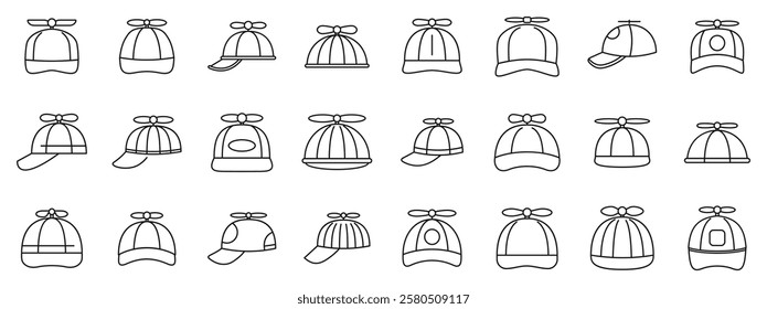  Cap propeller icons set. Collection of minimalist propeller hat icons, capturing various designs and angles, ideal for playful and whimsical projects