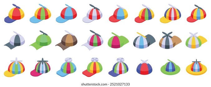 Cap propeller icons set. Set of funny colorful propeller hats with rotating fan blades on top in isometric view, different colors and design variations, isolated on white background