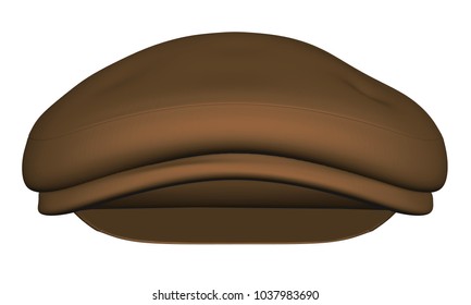 Cap in retro style with a small visor. Brown color. 3D. Vector illustration. Front view.