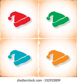 Cap of Santa Claus. Flat sticker with shadow on old paper. Vector illustration