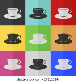 Cap and saucer vector icon - colored set. Flat design