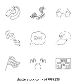 Cap, scoreboard, whistle and other fans equipment. Fans set collection icons in outline style vector symbol stock illustration web.