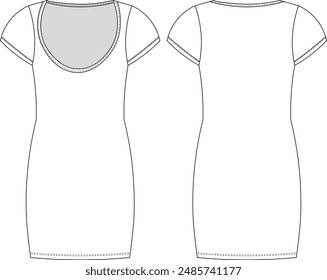 cap short sleeves u scoop neck mini short straight dress template technical drawing flat sketch cad mockup fashion woman design style model 