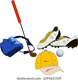 Cap, shoulder bag, golf stick and ball with sports shoes with golf equipment