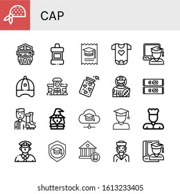 cap simple icons set. Contains such icons as Bandana, Helmet, Mouthwash, College, Baby clothes, Graduate, Baseball cap, School, Jar, American football player, can be used for web, mobile and logo