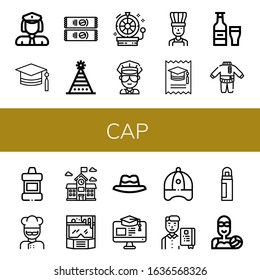 cap simple icons set. Contains such icons as Policewoman, Mortarboard, Instant coffee, Fun hat, Wheel, Cop, Chef, College, Beer, Clothes, can be used for web, mobile and logo