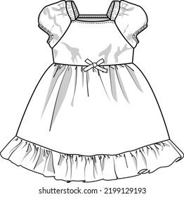 Cap Sleeve Flounce Square Neck Dress Vector Illustration