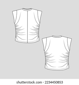 Cap Sleeve Shirred gathering ruched top Crew neck gathering fashion flat sketch drawing template design