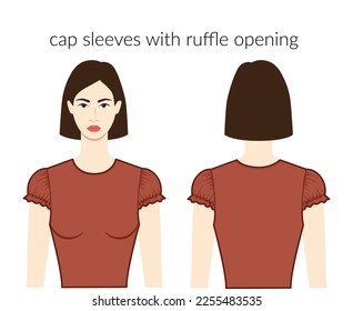 Cap sleeves clothes - short character beautiful lady in brown top, shirt, dress technical fashion illustration with fitted body. Flat apparel template front, back sides. Women, men unisex CAD mockup