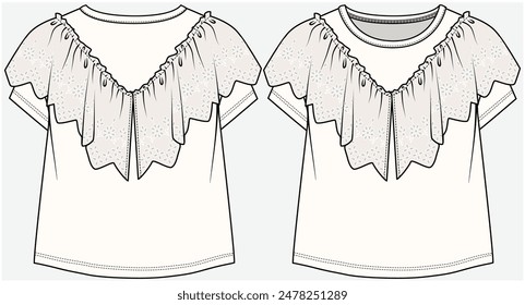 CAP SLEEVES DROP SHOULDER KNIT TOP WITH CHEVRON FRILLED LACE DETAIL DESIGNED FOR TEEN GIRLS AND KID GIRLS IN VECTOR