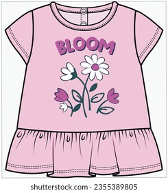 TAPA SUPERIOR DEL KNIT DE MANGUITOS CON DETALLE FRILL Y BLOOM DE FLORES GRÁFICO DISEÑADO PARA NIÑAS INFANTES, NIÑAS INFANTILES Y NIÑAS BEBÉS EN ILUSTRACIÓN VECTORIAL