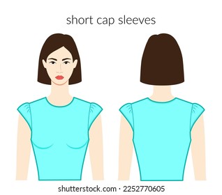 Cap sleeves short length clothes character beautiful lady in aqua top, shirt, dress technical fashion illustration, fitted body. Flat apparel template front, back sides. Women, men unisex CAD mockup