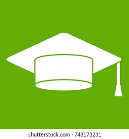 Cap student icon white isolated on green background. Vector illustration