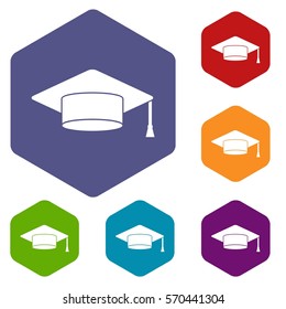 Cap student icons set rhombus in different colors isolated on white background