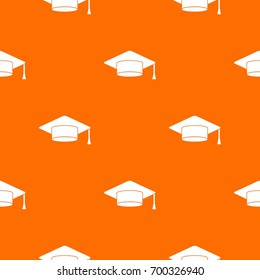 Cap student pattern repeat seamless in orange color for any design. Vector geometric illustration