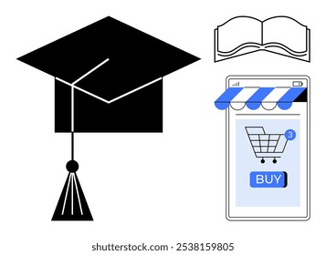 Cap with tassel, open book, and smartphone with shopping cart Buy button. Ideal for education, graduation, e-commerce, online learning, digital shopping. Minimalist, modern, clean