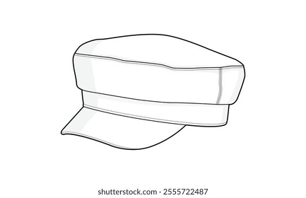 Captain’s cap technical fashion illustration. Captain’s cap template vector illustration. Perspective view. Unisex. white colour. CAD mockup.