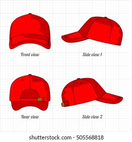 cap template set, front, side, back view. Vector eps 8 illustration.