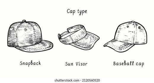 Cap types. Snapback, Sun Visor and Baseball cap. Ink black and white doodle drawing in woodcut style.