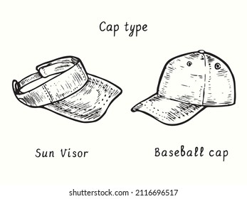 Cap types. Sun Visor and Baseball cap. Ink black and white doodle drawing in woodcut style.