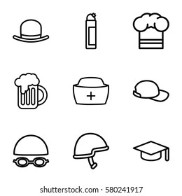 cap vector icons. Set of 9 cap outline icons such as hat, cleanser, helmet, nurse hat, beer mug
